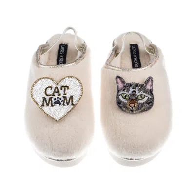 Laines London Women's Gold / Neutrals / White Flatform Cloud Slippers With Grey Pebbles Cat & Cat Mum / Mom Brooch In Blue