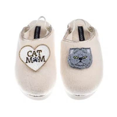 Laines London Women's Gold / Neutrals / White Flatform Cloud Slippers With Grey Persian Cat & Cat Mum / Mom Brooch In Multi