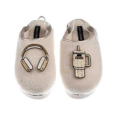 Laines London Women's Gold / Neutrals / White Flatform Cloud Slippers With Headphones & Quencher Brooches - Cream In Multi