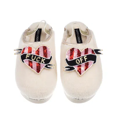 Laines London Women's Gold / Neutrals / White Flatform Cloud Slippers With Red & Pink Stripe Fuck Off Heart Brooch In Gold/white