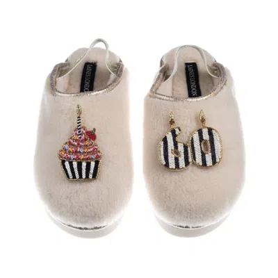Laines London Women's Gold / Neutrals / White Flatform Cloud Slippers With Stripe 60th Birthday & Cake Brooches - 