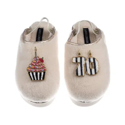 Laines London Women's Gold / Neutrals / White Flatform Cloud Slippers With Stripe 70th Birthday & Cake Brooches - 
