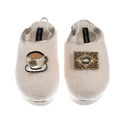 Laines London Women's Gold / Neutrals / White Flatform Cloud Slippers With Tea & Biscuit Brooches - Cream