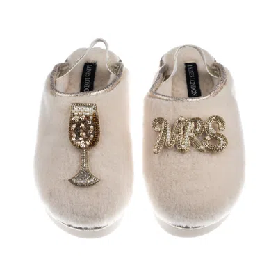 Laines London Women's Gold / Neutrals / White Flatform Cloud Slippers With Wedding Champers & Mrs Brooches - Cream In Multi