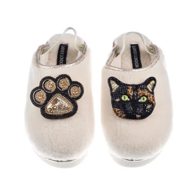 Laines London Women's Gold / Neutrals / White Flatform Cloud Slippers With White Misty The Tortoiseshell Cat & Paw