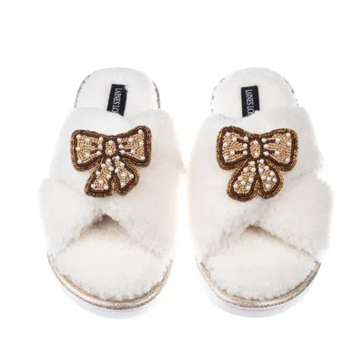 Laines London Women's Gold / Neutrals / White Neutral Boucle Slippers With Brown & Pearl Beaded Pretty Bow Brooche In Multi