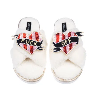 Laines London Women's Gold / Neutrals / White Neutral Boucle Slippers With Pink & Red Fuck Off Heart Brooches - Cr In Gold/white