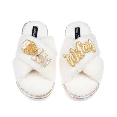 Laines London Women's Gold / Neutrals / White Neutral Boucle Slippers With Wifey & Champagne Brooches - Cream In Gold/white