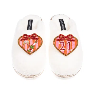 Laines London Women's Gold / Neutrals / White Teddy Closed Toe Slippers With 21st Stripe Heart Birthday Brooches In Multi