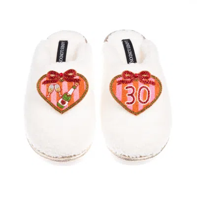 Laines London Women's Gold / Neutrals / White Teddy Closed Toe Slippers With 30th Stripe Heart Birthday Brooches In Multi