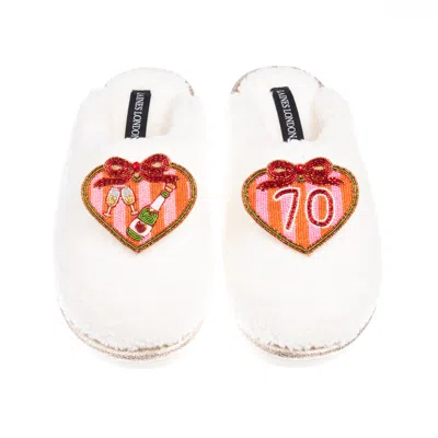 Laines London Women's Gold / Neutrals / White Teddy Closed Toe Slippers With 70th Stripe Heart Birthday Brooches - In Multi