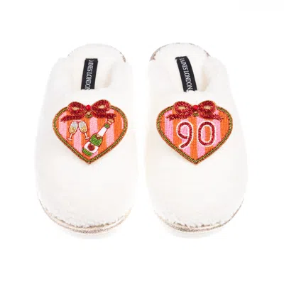 Laines London Women's Gold / Neutrals / White Teddy Closed Toe Slippers With 90th Stripe Heart Birthday Brooches - In Multi