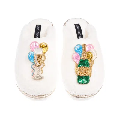 Laines London Women's Gold / Neutrals / White Teddy Closed Toe Slippers With Birthday Bubbles Brooches - Cream In Multi