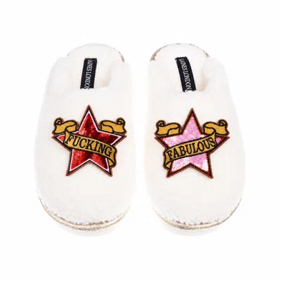 Laines London Women's Gold / Neutrals / White Teddy Closed Toe Slippers With Pink & Red Fucking Fabulous Brooches  In Multi