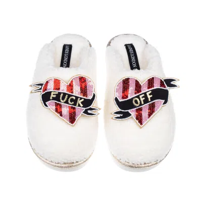Laines London Women's Gold / Neutrals / White Teddy Closed Toe Slippers With Pink & Red Stripe Fuck Off Brooches - In Multi