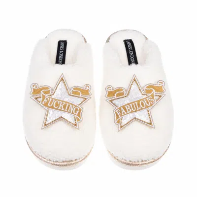 Laines London Women's Gold / Neutrals / White Teddy Closed Toe Slippers With White & Gold Fucking Fabulous Brooche In Multi