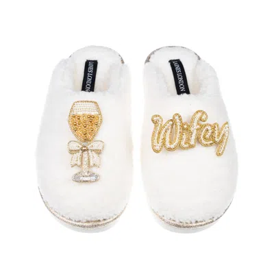 Laines London Women's Gold / Neutrals / White Teddy Closed Toe Slippers With Wifey & Champagne Brooches - Cream In Multi