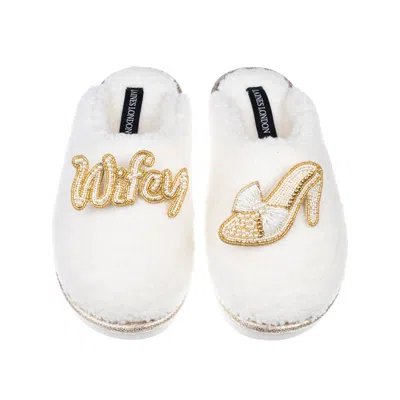 Laines London Women's Gold / Neutrals / White Teddy Closed Toe Slippers With Wifey & Wedding Heel Brooches - Cream In Multi