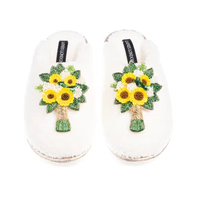 Laines London Women's Gold / Neutrals / White Teddy Closed Toe Slippers With Yellow Bouquet Brooches - Cream In Multi