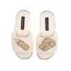 Laines London Women's Gold / Neutrals / White Teddy Towelling Slipper Sliders With Gold New Baby Brooches - Cream In Gold/white