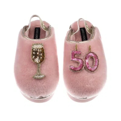 Laines London Women's Gold / Pink Flatform Cloud Slippers With 50th Birthday & Champagne Glass Brooches - Dusky Pi In Animal Print