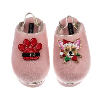 Laines London Women's Gold / Pink Flatform Cloud Slippers With Christmas Chihuahua & Paw Brooches - Dusky Pink