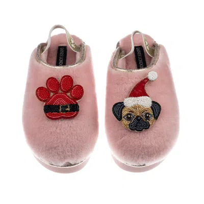 Laines London Women's Gold / Pink Flatform Cloud Slippers With Christmas Fawn Pug & Paw Brooches - Dusky Pink