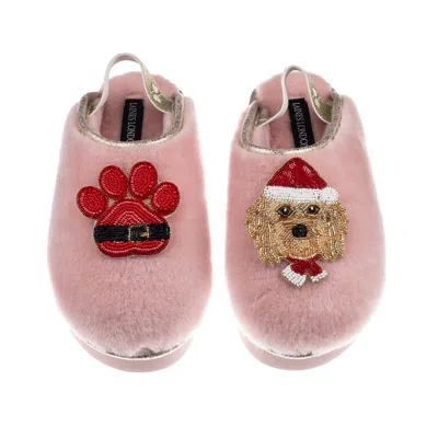 Laines London Women's Gold / Pink Flatform Cloud Slippers With Christmas Golden Cavapoo & Paw Brooches - Dusky Pin