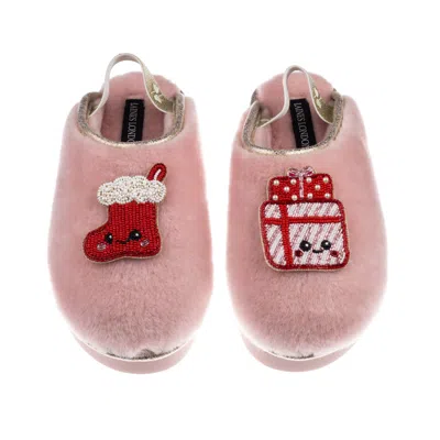 Laines London Women's Gold / Pink Flatform Cloud Slippers With Christmas Lovable Stocking & Gift Brooches - Dusky  In Multi