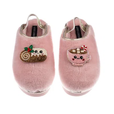 Laines London Women's Gold / Pink Flatform Cloud Slippers With Christmas Lovable Yule Log & Hot Chocolate Brooches In Multi