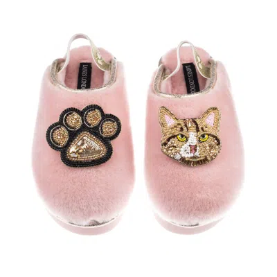 Laines London Women's Gold / Pink Flatform Cloud Slippers With Ginger Tabby Cat & Paw Brooches - Dusky Pink In Brown