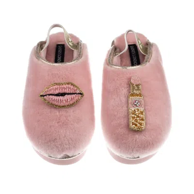 Laines London Women's Gold / Pink Flatform Cloud Slippers With Pink Lips & Lipstick Brooches - Dusky Pink In Multi