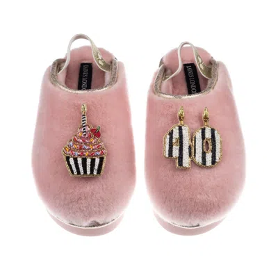 Laines London Women's Gold / Pink Flatform Cloud Slippers With Stripe 40th Birthday & Cake Brooches - Dusky Pink In Multi