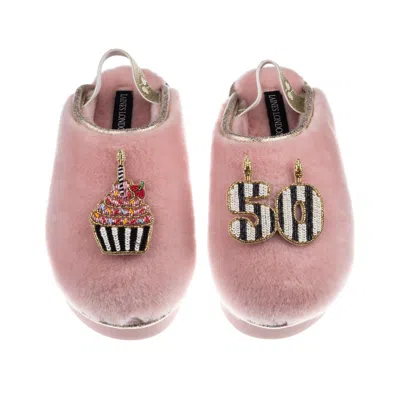 Laines London Women's Gold / Pink Flatform Cloud Slippers With Stripe 50th Birthday & Cake Brooches - Dusky Pink