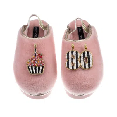 Laines London Women's Gold / Pink Flatform Cloud Slippers With Stripe 80th Birthday & Cake Brooches - Dusky Pink
