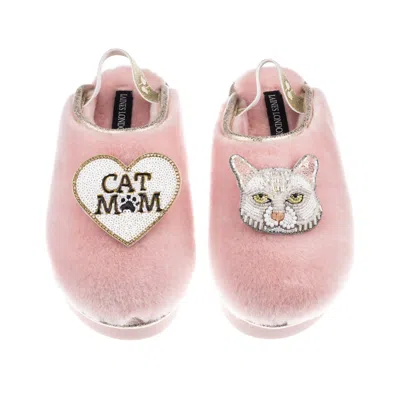 Laines London Women's Gold / Pink Flatform Cloud Slippers With White Lily Cat & Cat Mum/mom Brooches - Dusky Pink In Multi