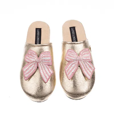 Laines London Women's Gold / Pink  Gold Softie Slippers With Stripe Pink Bow Brooches In Multi