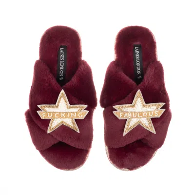 Laines London Women's Gold / Red Classic Laines Slippers With Fucking Fabulous Brooches - Limited Edition Burgundy