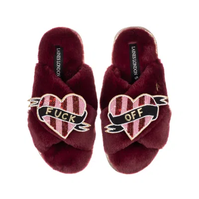 Laines London Women's Gold / Red Classic Laines Slippers With Pink & Red Stripe Heart Fuck Off Brooches - Limited  In Multi
