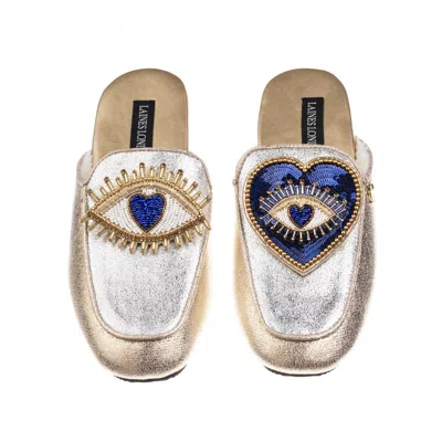 Laines London Women's Gold / Silver Classic Mules With Double Blue Heart & Love Eye Brooches - Silver & Gold In Gold/silver