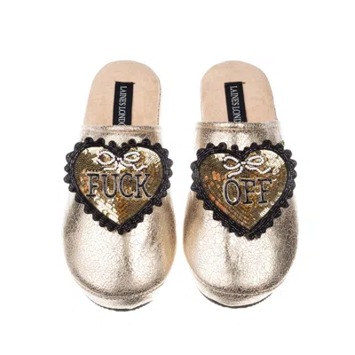 Laines London Women's Gold Softie Slippers With Black & Gold Fuck Off Brooches