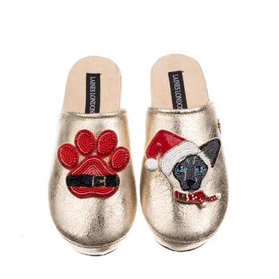 Laines London Women's Gold Softie Slippers With Christmas Black & White Siamese Cat & Paw Brooches