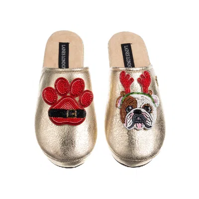 Laines London Women's Gold Softie Slippers With Christmas British Bulldog & Paw Brooches