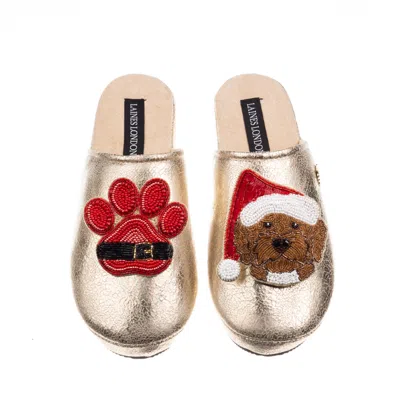 Laines London Women's Gold Softie Slippers With Christmas Brown Cockapoo & Paw Brooches