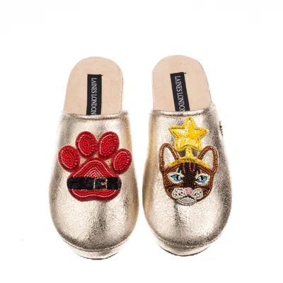 Laines London Women's Gold Softie Slippers With Christmas Brown/orange Tabby Cat & Paw Brooches