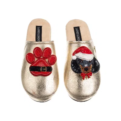 Laines London Women's Gold Softie Slippers With Christmas Dachshund & Paw Brooches