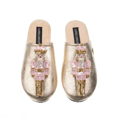Laines London Women's Gold Softie Slippers With Christmas Double Pink Grand Nutcrackers Brooches