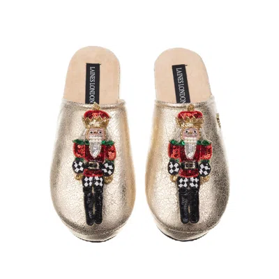 Laines London Women's Gold Softie Slippers With Christmas Double Red Grand Nutcrackers Brooches