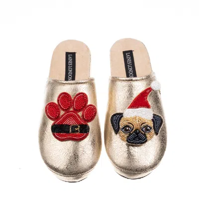 Laines London Women's Gold Softie Slippers With Christmas Fawn Pug & Paw Brooches