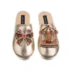 Laines London Women's Gold Softie Slippers With Christmas Gingerbread Bow & Carousel Brooches In Gold